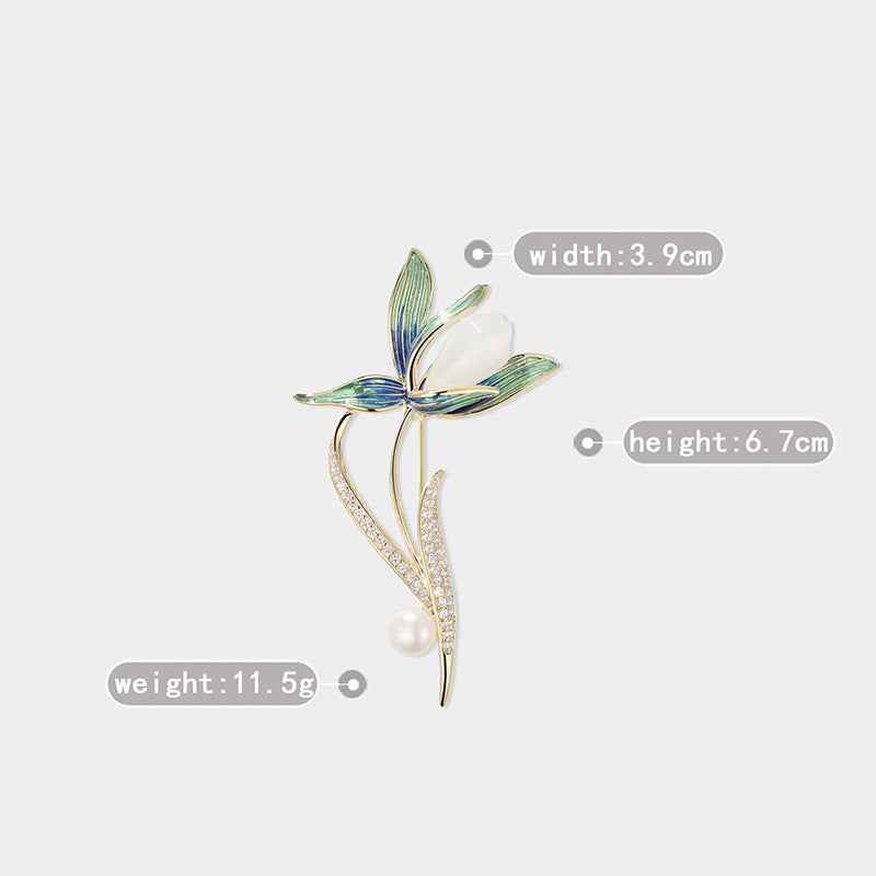 Magnolia Enamel Natural Stone Freshwater Pearl Brooch Pin