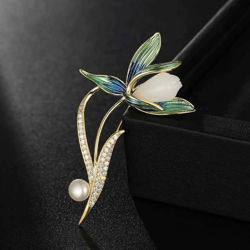Magnolia Enamel Natural Stone Freshwater Pearl Brooch Pin