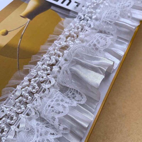 7.5cm Lolita White Satin Lace Ruffle Trim with Pearl Accents 10 Yards