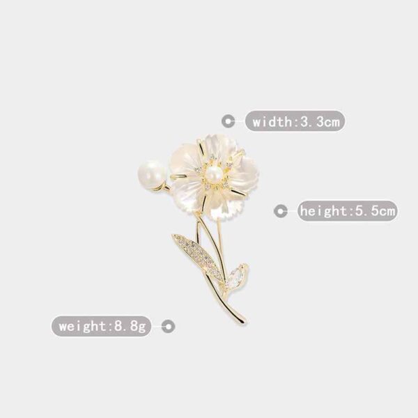 Natural Shell Camellia Gold White Pearl Zircon Copper Alloy Brooch Pin