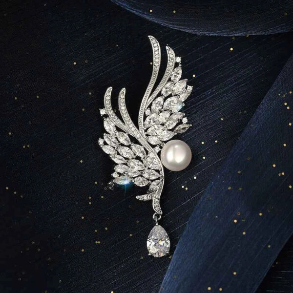 Natural Pearl Zircon Silver Wing Metal Brooch Pin