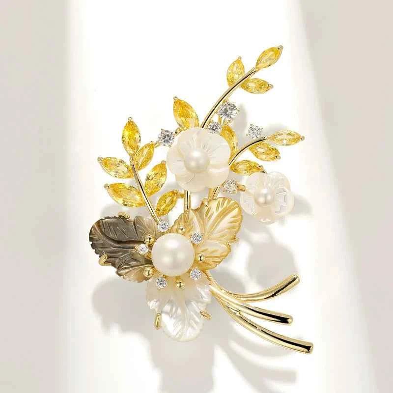 Tri-Color Seashell & Pearl Flower Brooch – Copper Zircon Floral Pin