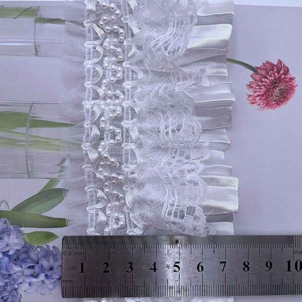 7.5cm Lolita White Satin Lace Ruffle Trim with Pearl Accents 10 Yards