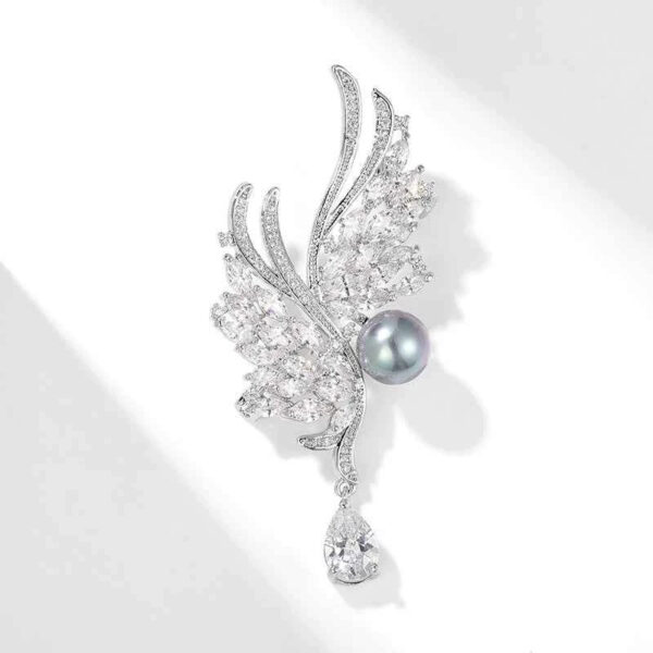 Natural Pearl Zircon Silver Wing Metal Brooch Pin