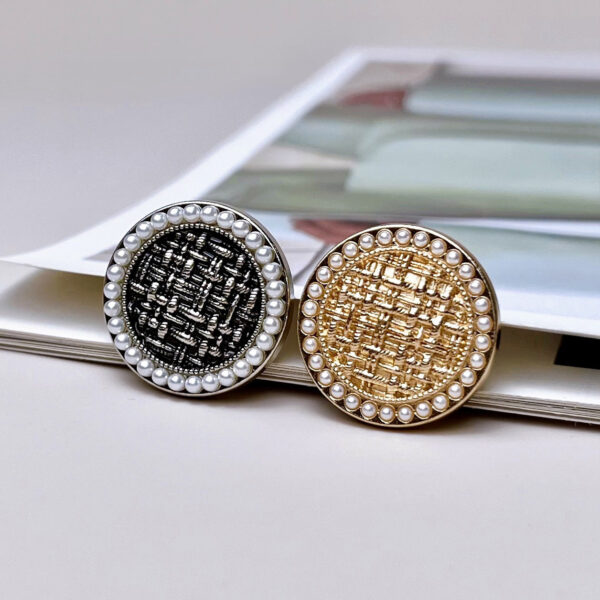 Round Edge Pearl Embellished Tweed Check Metal Shank Button 20pcs - Image 2