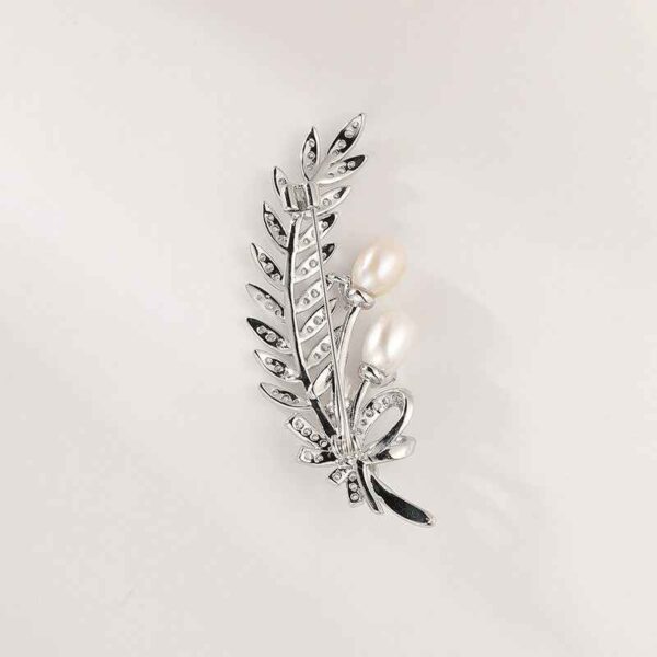 Gold and Silver Wheat Zircon Natural Pearl Leaf Brooch Pin