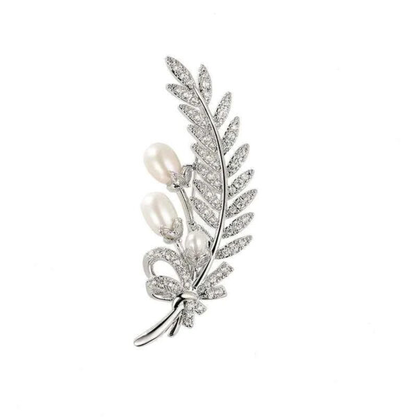 Gold and Silver Wheat Zircon Natural Pearl Leaf Brooch Pin