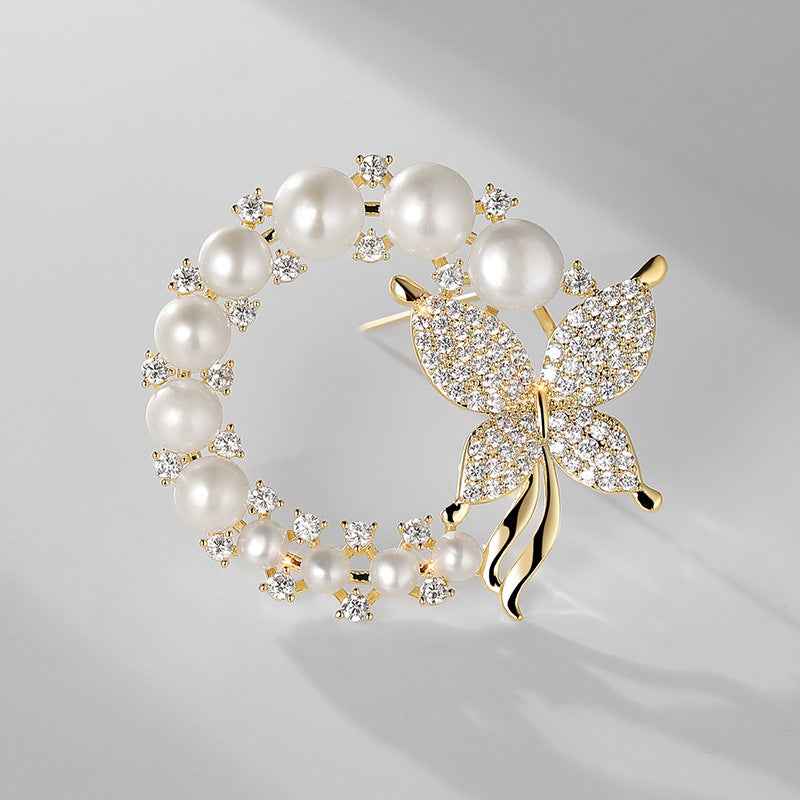Round Gold & White Freshwater Pearl Butterfly Brooch