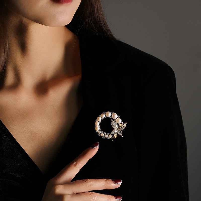 Round Gold & White Freshwater Pearl Butterfly Brooch