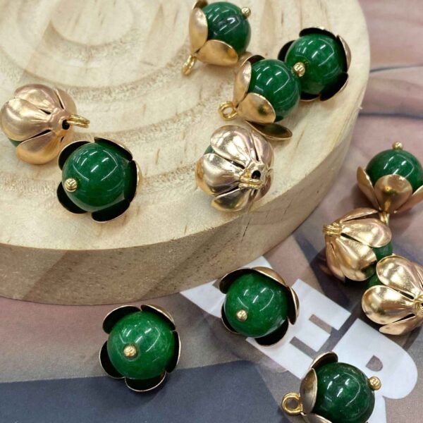 12mm Chinese Qipao Green Jade Stone Metal Floral Base Buttons 20pcs