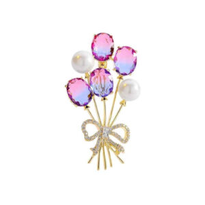 White Balloon Brooch with Colored Zircon Bow Pearl Pin