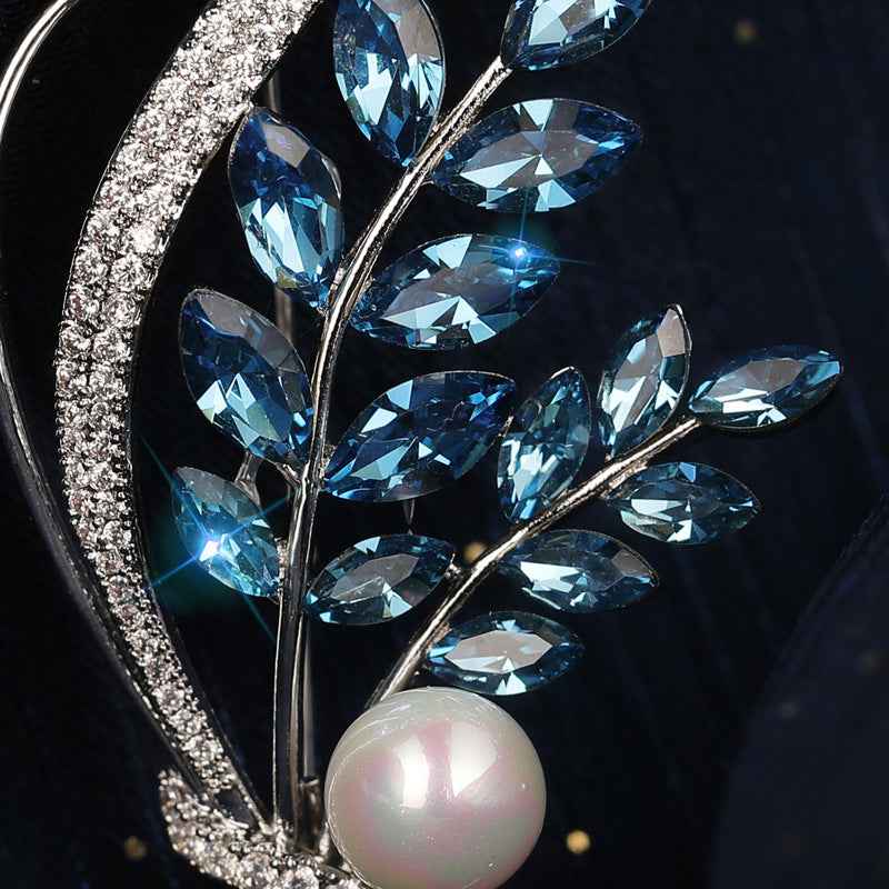 Silver Blue White Freshwater Pearl & Crystal Floral Bouquet Brooch