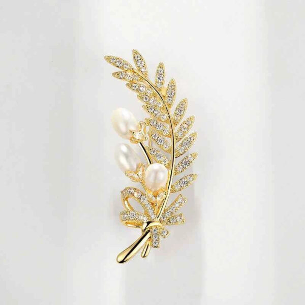 Gold and Silver Wheat Zircon Natural Pearl Leaf Brooch Pin