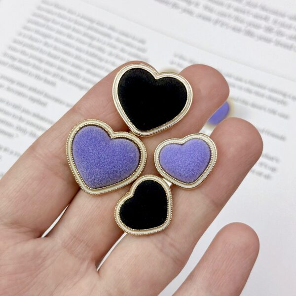Purple & Black Flocked White-Edge Heart Metal Buttons 20pcs - Image 2