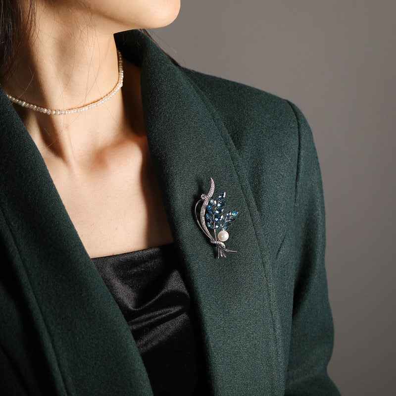 Silver Blue White Freshwater Pearl & Crystal Floral Bouquet Brooch