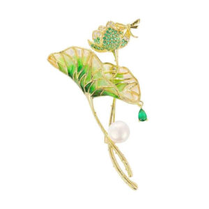 Light Green Enamel Lotus Leaf Pearl Waterdrop Zircon Brooch Pin