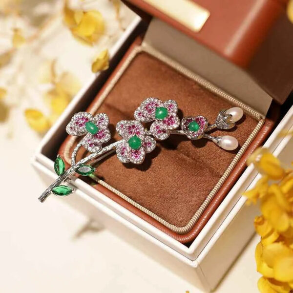 Freshwater Pearl Green Agate Plum Blossom Copper Zircon Brooch Pin