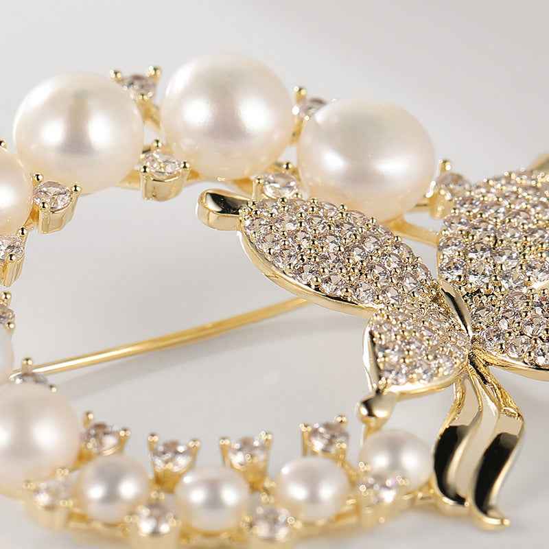 Round Gold & White Freshwater Pearl Butterfly Brooch
