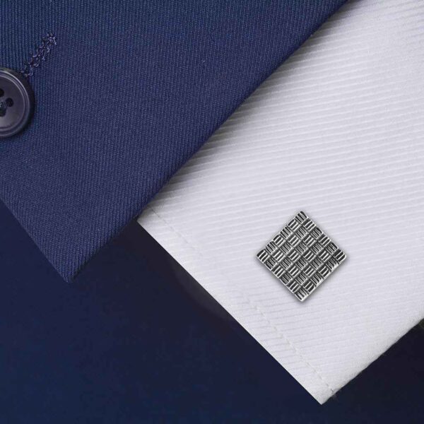 15.5mm Square Striped Cufflinks – Silver with Black Oil Finish