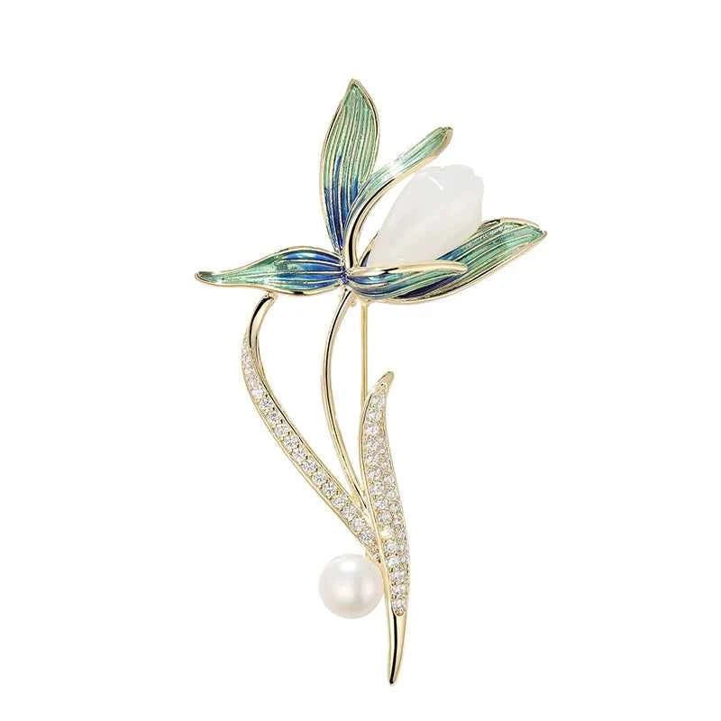 Magnolia Enamel Natural Stone Freshwater Pearl Brooch Pin