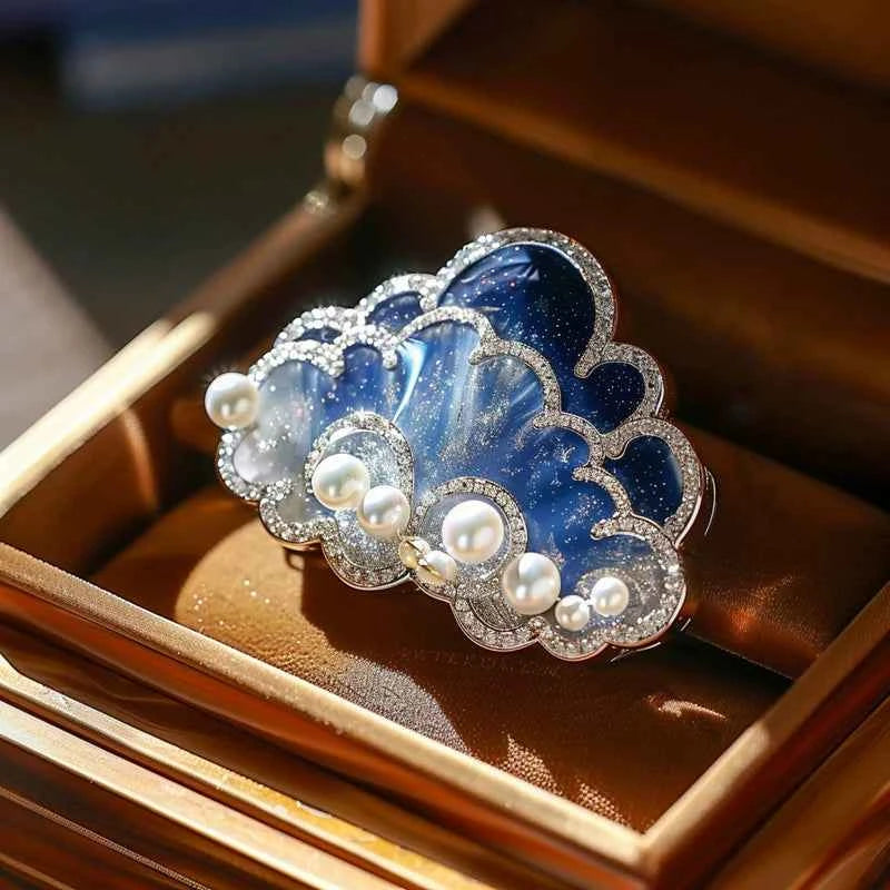 Silver Blue Evening Gown Pearl Cloud Brooch Pin