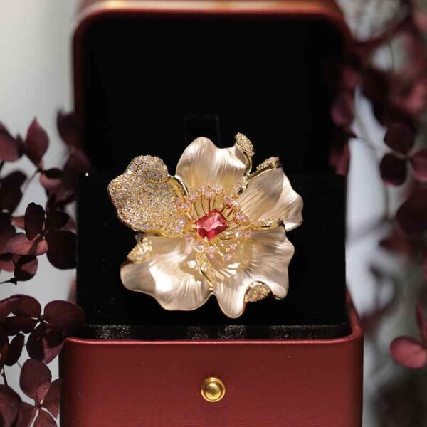 Enamel Peony Copper Zircon Brooch Pin