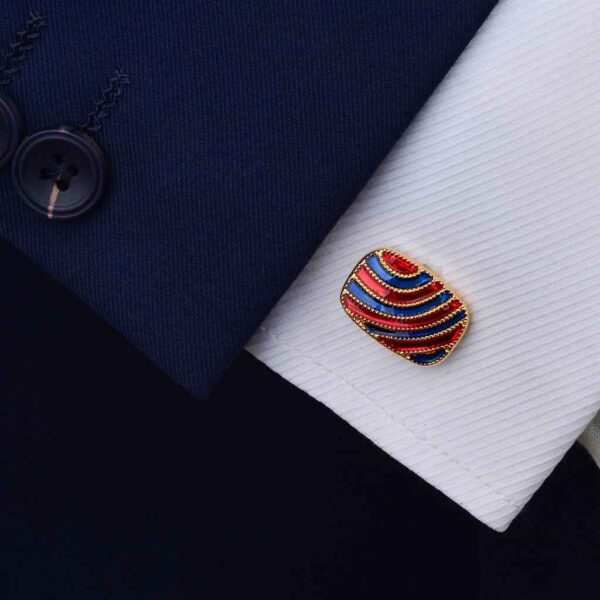 Gold Oval Cuff Links with Red & Blue Drip Stripes for Artistic Men
