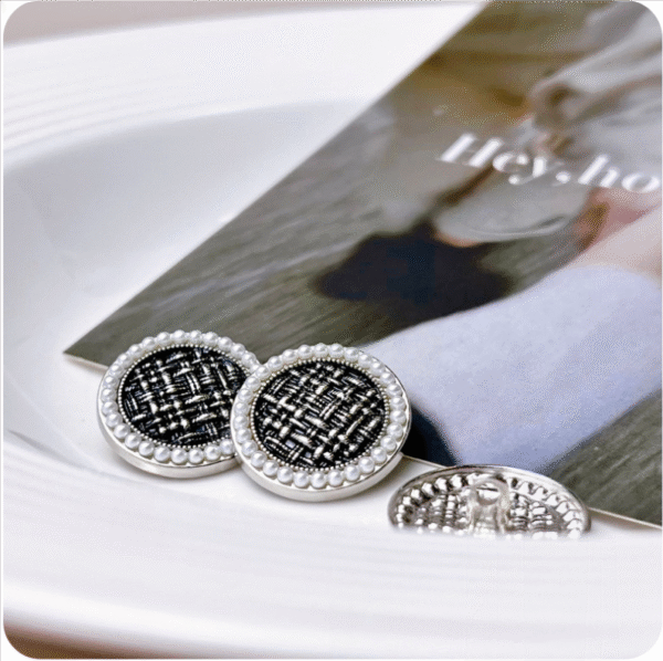 Round Edge Pearl Embellished Tweed Check Metal Shank Button 20pcs - Image 3