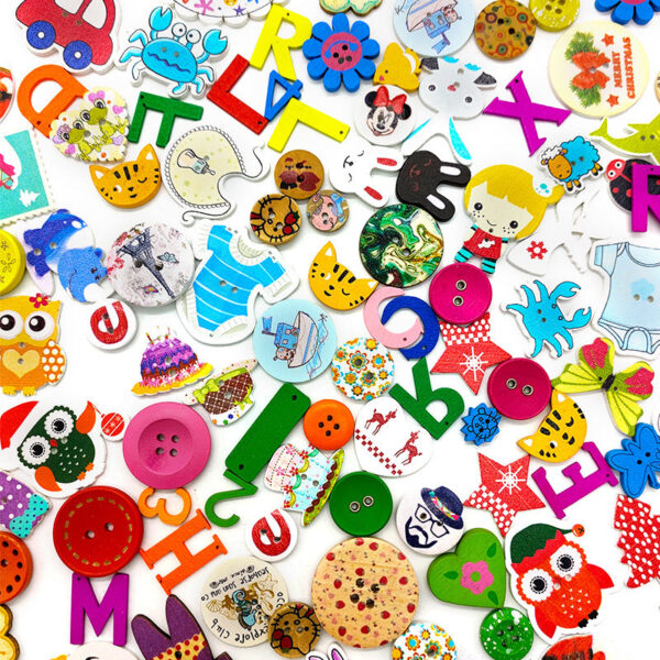 100 Piece Colorful Cartoon Baby DIY Craft Wooden Buttons - Image 2