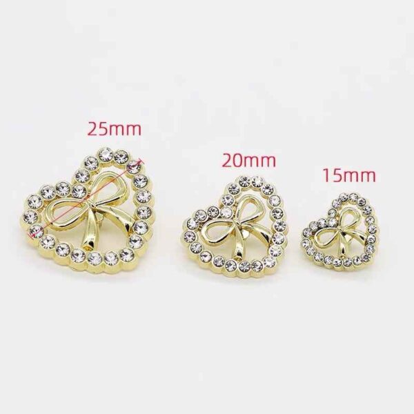 Heart-Shaped Rhinestone-Encrusted Bow Metal Buttons for Women's Dresses 12pcs