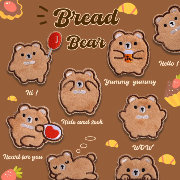Self-Adhesive Plush Bread Bear Embroidered Patches 9 Pack
