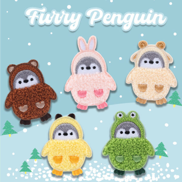 Adorable Self-Adhesive Furry Penguin Embroidered Patches 5 Pack