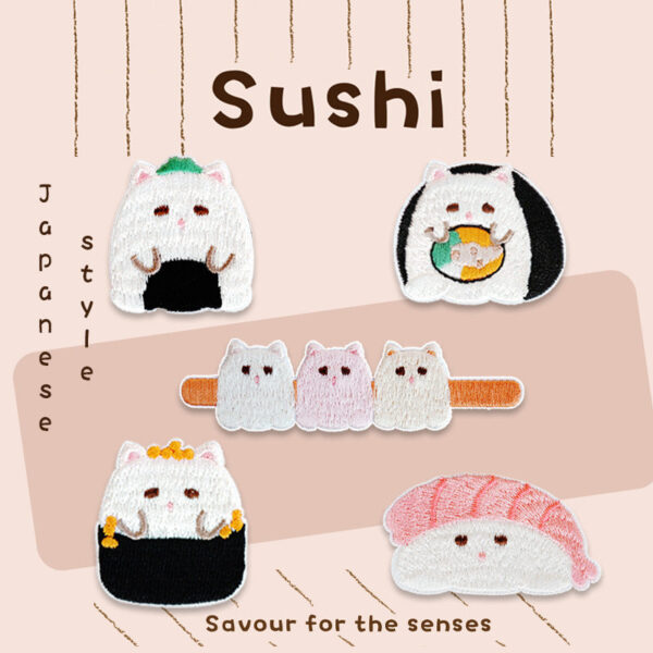 Charming Japanese - Style Cat & Sushi Embroidered Patches 5PCS - Image 2